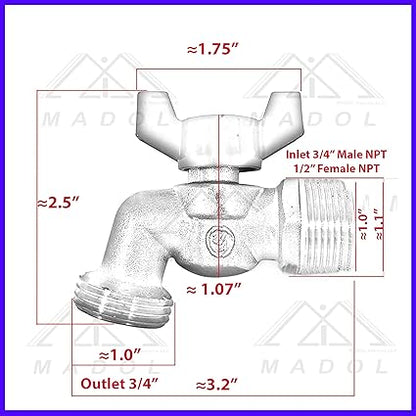Brass Ball Similar to Arrowhead 79-212 34" Male NPT inlet with 34 water hose outlet ideal for gardens and patios Llave de Manguera o Nariz 34" Hose Bibb 34" Llave de Manguera Esfera Mariposa