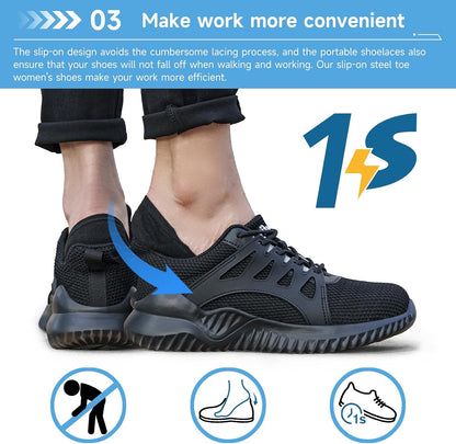 Tinefiy Steel Toe Shoes for Women Lightweight Comfortable Slip On Safety Work Sneakers Cushion Puncture Proof Shoes Indestructible Shoe