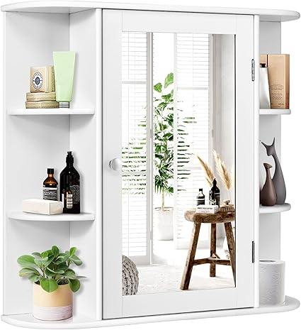 ARLIME Bathroom Mirror Cabinet, Wall Mounted Medicine Cabinet, Single Door Storage Organizer with 4 Internal Shelves and 6 Open Racks, Space Saver Wooden Hanging Cabinet, White