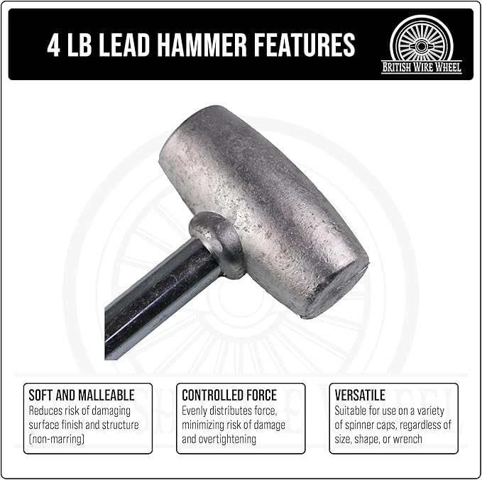 4lb Lead Hammer for Knock Off Wheels - Lead Alloy Non-Marring Automotive Dead Blow Hammer | Perfect Tool for Knock-Off Spinner Caps for Lowriders and Classic Cars with Wire Wheels