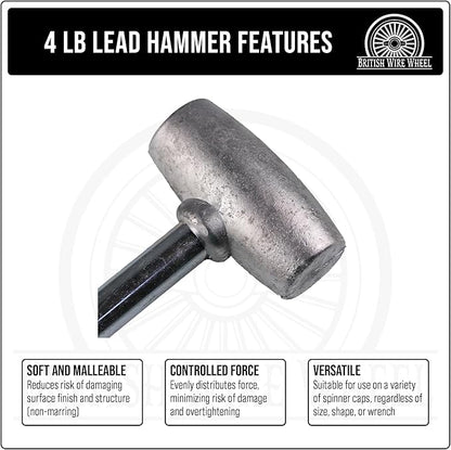 4lb Lead Hammer for Knock Off Wheels - Lead Alloy Non-Marring Automotive Dead Blow Hammer | Perfect Tool for Knock-Off Spinner Caps for Lowriders and Classic Cars with Wire Wheels