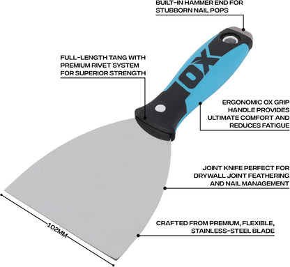 Premium Drywall Putty Knife 4-Inch - Professional Stainless Steel Mud Knife, Joint Compound - Comfort Grip Handle with Metal Hammer End - Taping & Mudding Tools - Esptulas para Drywall Knives