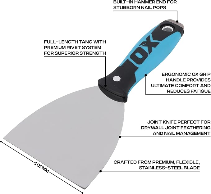 Premium Drywall Putty Knife 4-Inch - Professional Stainless Steel Mud Knife, Joint Compound - Comfort Grip Handle with Metal Hammer End - Taping & Mudding Tools - Esptulas para Drywall Knives