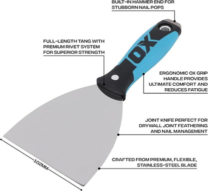 Premium Drywall Putty Knife 4-Inch - Professional Stainless Steel Mud Knife, Joint Compound - Comfort Grip Handle with Metal Hammer End - Taping & Mudding Tools - Esptulas para Drywall Knives
