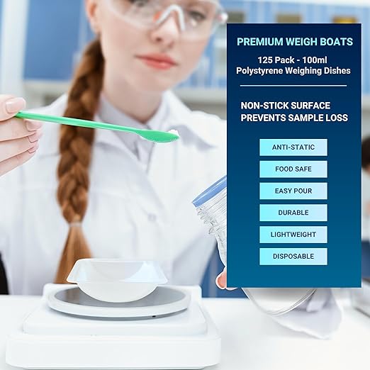 Weigh Boats Medium (100ml, 125 Pack) Disposable Plastic Trays for Scale, Anti-Static Square Tray Weighing Dishes, Polystyrene Lab Dish for Powder Weight, Mixing Epoxy, Food Sample Container, Pour Boat