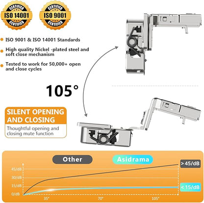 Asidrama 10 Pack 5 Pairs 1-1/4 inch Overlay Soft Close Cabinet Hinges Satin Nickel Hidden Hinges,105 Degree 6-Ways 3-Cam Adjustment Concealed Stainless Steel Hinges for Kitchen Cabinet Door