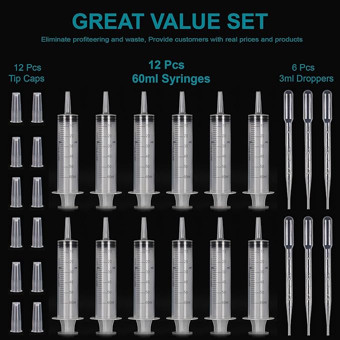 12Pack 60ml Syringe for Liquid - Large Plastic Syringes Without Needle for Jello Shots Food Thick Liquids and Irrigation Water, Lip Gloss Filling, Feeding Dogs Meds, Measuring ( 12 Pack 60 ml  cc )