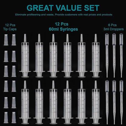 12Pack 60ml Syringe for Liquid - Large Plastic Syringes Without Needle for Jello Shots Food Thick Liquids and Irrigation Water, Lip Gloss Filling, Feeding Dogs Meds, Measuring ( 12 Pack 60 ml  cc )