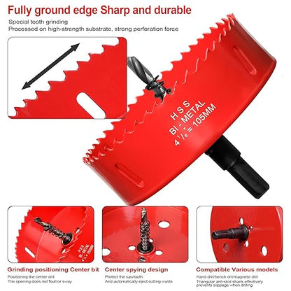 Hole Saw 4 18 (105mm) for Wood and Plastic, HSS Bi-Metal Hole Cutter Core Drill Bit for Drywall, PVC Boards, Fiberglass and Vent Pipes