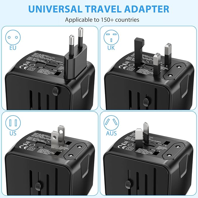Universal International Travel Power Adapter, All in One Wall Charger with High Speed 2.4A 3xUSB, 3.0A Type-C, European Adapter, Worldwide AC Outlet Plugs for UK, CA, EU, AU, Asia (Gray Black)