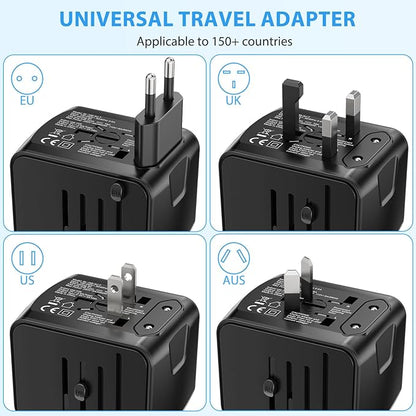 Universal International Travel Power Adapter, All in One Wall Charger with High Speed 2.4A 3xUSB, 3.0A Type-C, European Adapter, Worldwide AC Outlet Plugs for UK, CA, EU, AU, Asia (Gray Black)