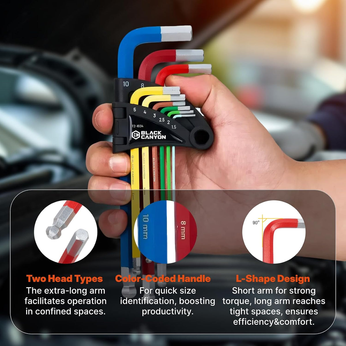 BLACK CANYON Hex Key Set, 9 pcs Metric allen key set, Ball End, 1.5 mm-10 mm, Color-Coded Handle, Chrome, High Torque Steel, L-Shape Design, for Construction, Chemical Industry, Transportation