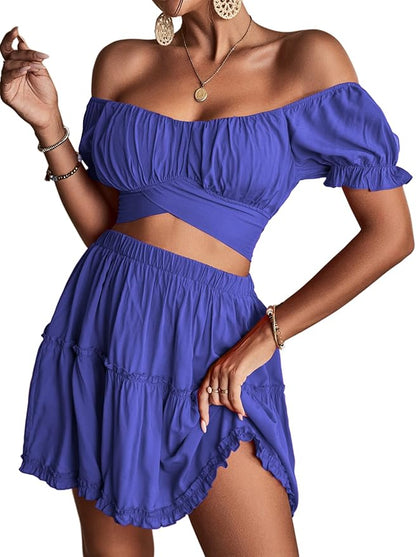 LYANER Women's 2 Piece Outfits Floral Off Shoulder Tie Up Crop Top and Mini Skirt Set