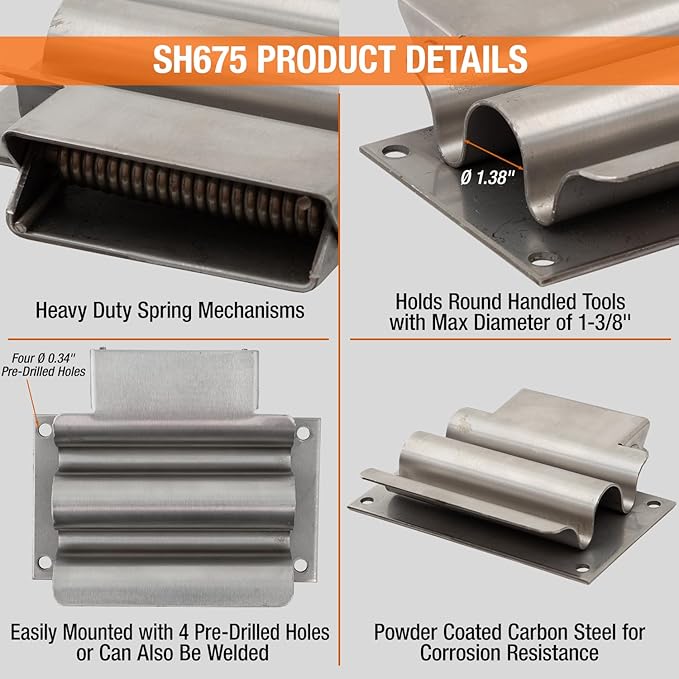 Buyers Products SH675SS Hand Tool Rack Holder for Enclosed Municipal Landscaping or Dump Truck Trailers  Garage or Shed Walls, Holds Hand Tools Great for Shovels, Rakes, Hoes, Heavy Duty