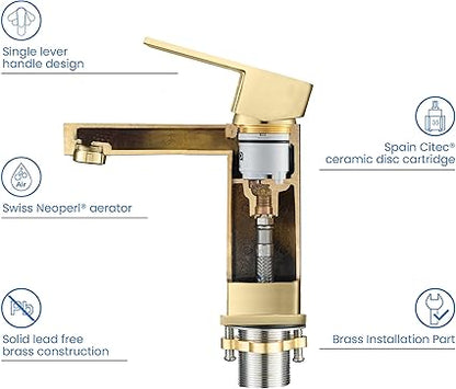 KIBI KBF1002 Solid Brass Single Handle Bathroom Sink Faucet  High Arc Cubic Spout Lavatory Faucet in Brushed Gold  Corrosion-Resistant, Modern Design, Easy to Install