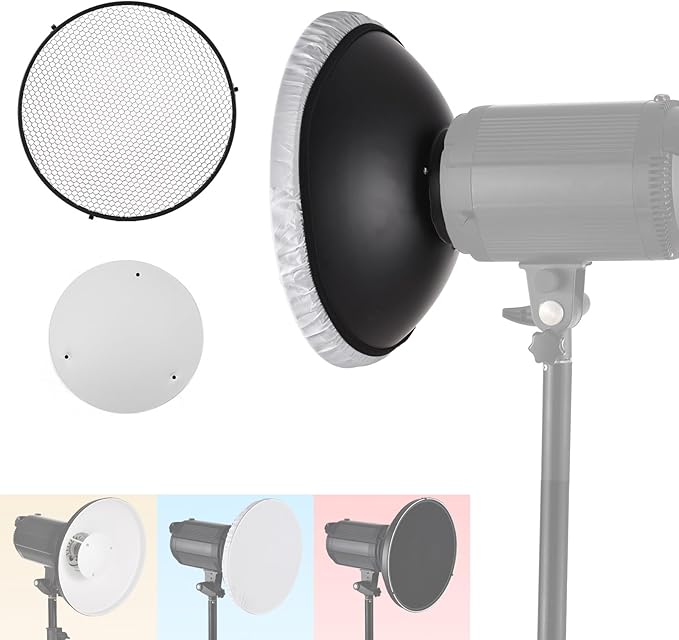 Andoer 30cm11.8in Standard Reflector Beauty Dish Bowens Mount with White Diffuser Reflector Honeycomb Grid for Studio Portrait Photography Strobe Flash Light