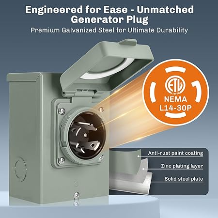 WELLUCK 30 Amp Generator Inlet Box - NEMA L14-30P Power Inlet Box for 3R 4-Prong Generator Cord, 125250V, 7500W Weatherproof Outdoor 30a Power Inlet Box - ETL Listed, Best Partner in Emergencies