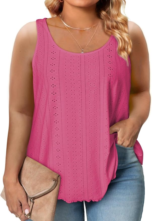 Eytino Womens Plus Size Tank Tops Summer Eyelet Embroidery Sleeveless T-Shirts Tops Scoop Neck Causal Loose Flowy Cami(1X-5X)