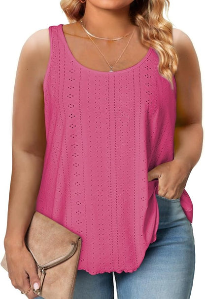 Eytino Womens Plus Size Tank Tops Summer Eyelet Embroidery Sleeveless T-Shirts Tops Scoop Neck Causal Loose Flowy Cami(1X-5X)