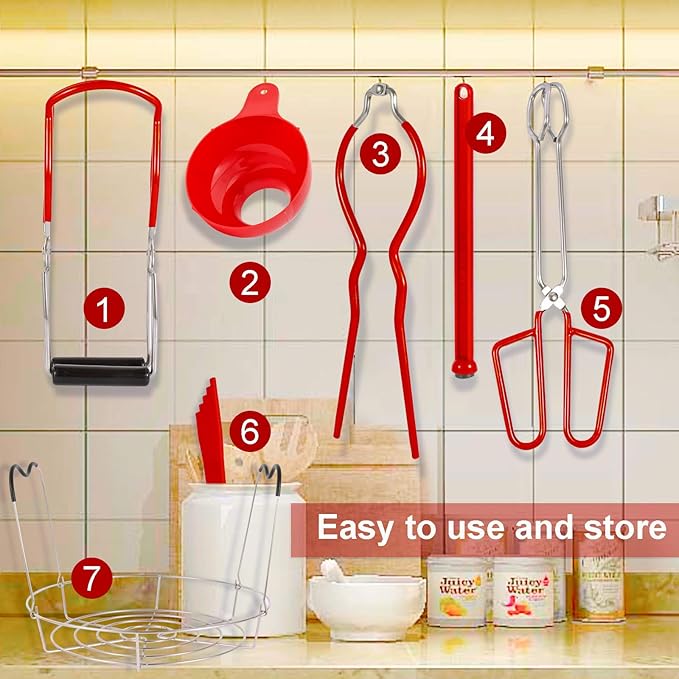 Canning Supplies Starter Kit - 7 Pieces Stainless Steel Canning Set Tools: Steamer Rack,Canning Funnel,Jar Lifter,Wrench, Tongs,Lid LifterBubble Remover Tool, for CannerPot, Beginner (Red)