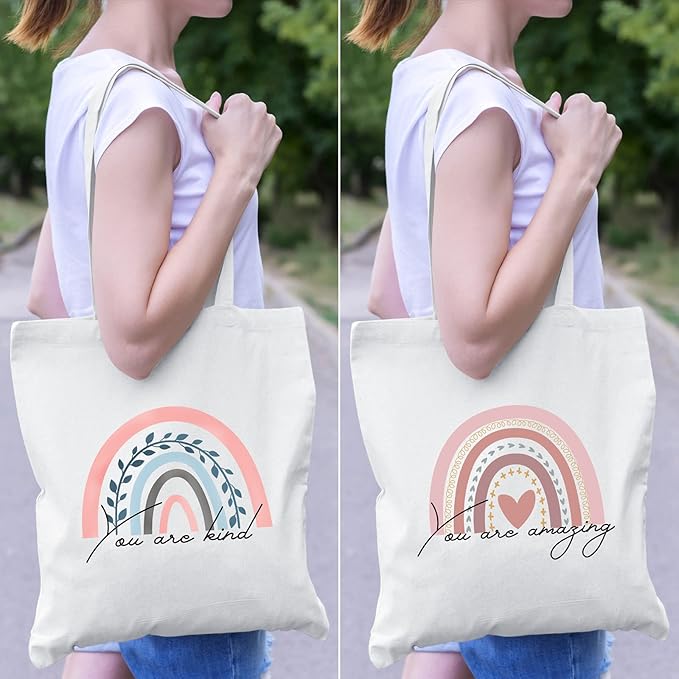 Sanwuta 2 Pcs Aesthetic Canvas Bag Inspirational Tote with Zipper Thank You Gift Bag for Women Teacher Reusable Canvas Bag
