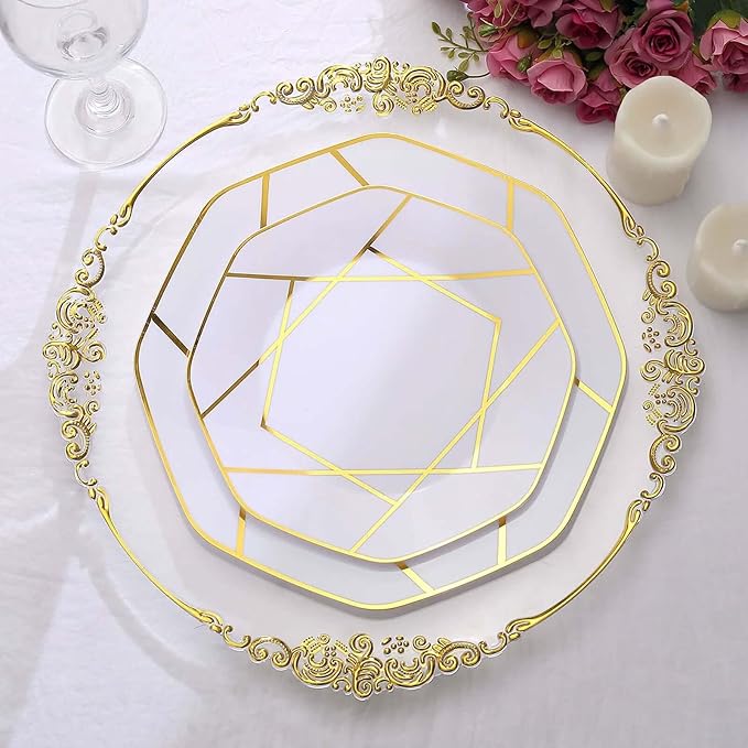 Efavormart 10 Pack | 10" White/Gold Geometric Design Plastic Dessert Plates, Disposable Octagon Salad/Appetizer Party Plates