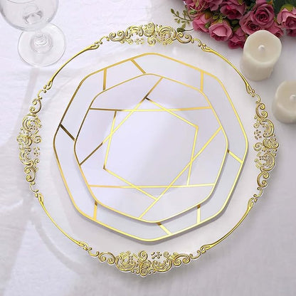 Efavormart 10 Pack | 10" White/Gold Geometric Design Plastic Dessert Plates, Disposable Octagon Salad/Appetizer Party Plates