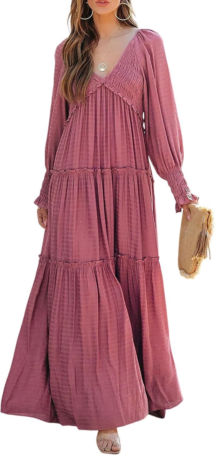 R.Vivimos Maxi Dress for Women Long Sleeve V Neck Empire Waist Layered Ruffle Boho Casual Flowy Long Dresses