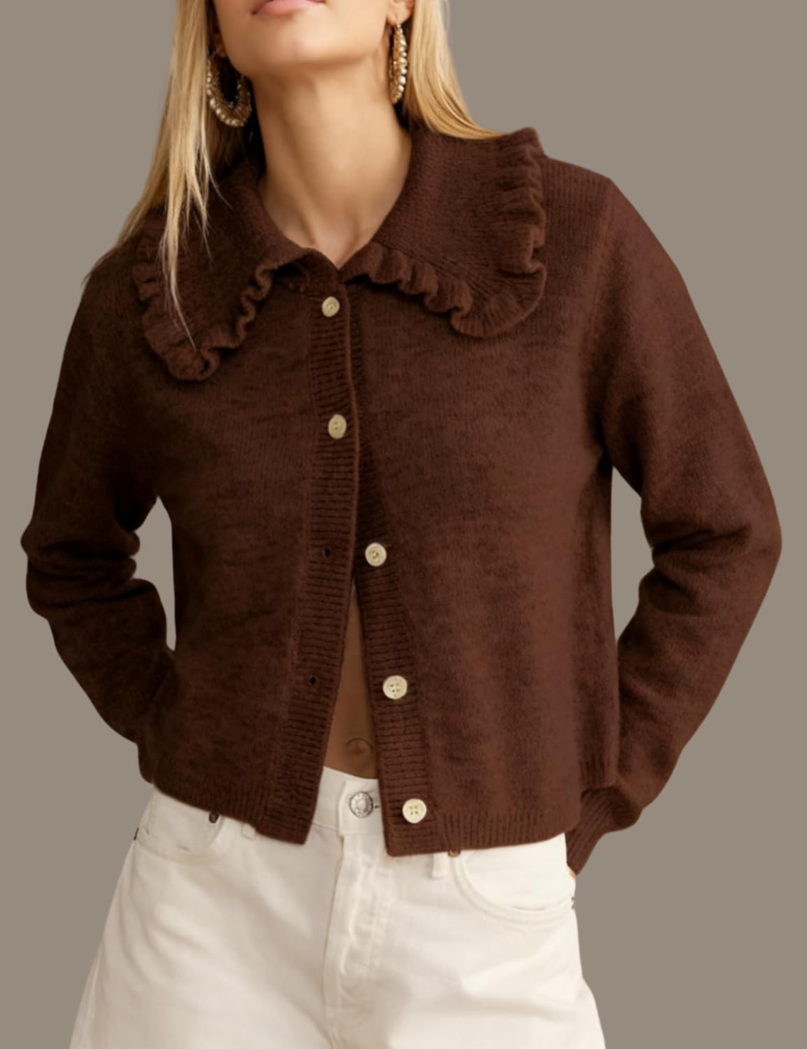 InterNos Womens Y2k Ruffled Collar Cardigan Sweaters Classic Button Down Long Sleeves Fall Sweater Crop Tops