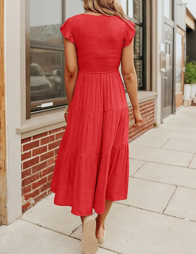 MEROKEETY Women's Flutter Sleeve Smocked Midi Dress V Neck Casual Tiered Dresses with Pockets