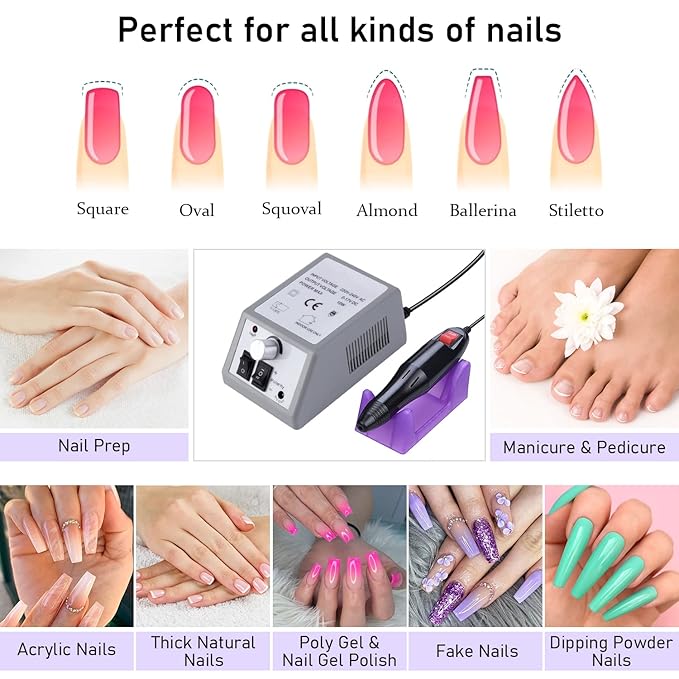 Pinkiou Professional Electric Nail Drill Manicure Filer Kit Nail Polish Machine Set with 6 Acrylic Gel Remover and 7Pcs Nail Drill Bits (Gray)