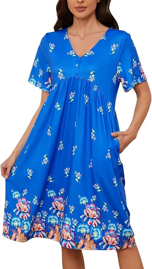 Womens House Dress Floral Print Nightgown with Pockets Mumu Dress S-3XL