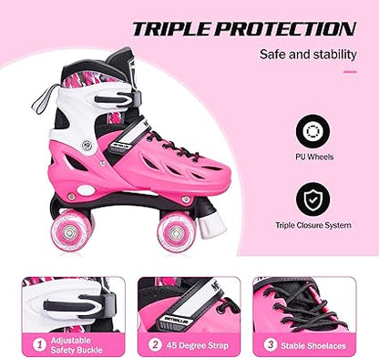 METROLLER Roller Skates for Girls Ages 5-8 8-12 and Boys Teens, Adjustable 4 Sizes for Kids Toddler Rollerskates with Light up Wheels, for Youth Women and Men