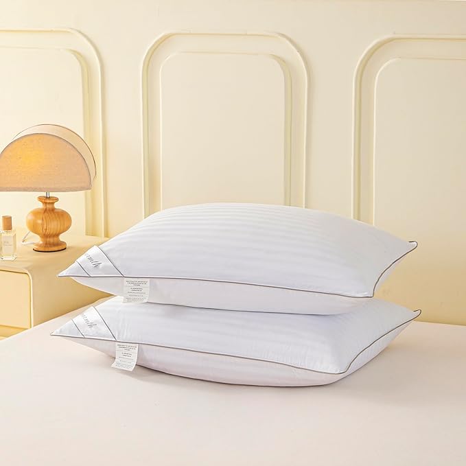 Goose Feather Down Bed Pillow for Sleeping, Hotel Collection Queen Size Soft Bed Pillow,100 Cotton Cover Queen Size Stripe White 1 Pack