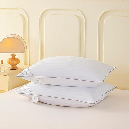 Goose Feather Down Bed Pillow for Sleeping, Hotel Collection Queen Size Soft Bed Pillow,100 Cotton Cover Queen Size Stripe White 1 Pack