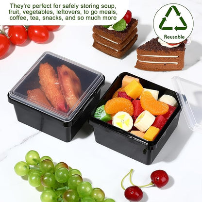 Blushtier 12 oz 50 Pack Small Square Deli Containers with Lids Plastic Freezer Food Reusable Meal Dessert Ice Cream Containers with Labels for Takeout Meal Storage Microwave Freezer Safe(Black)