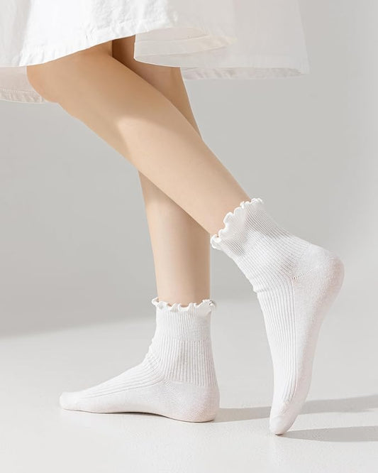 Women's Trim Ruffle Frilly Turn Cuff Socks - Cute Vintage Dress Crew Ankle Boot Socks