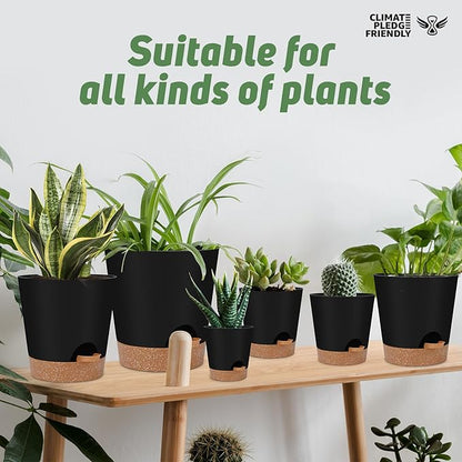 Indoor self-watering pots with drainage holes and saucers, 8, 7, 6.5, 6, 5.5, 5 inches, black color, 6 pots