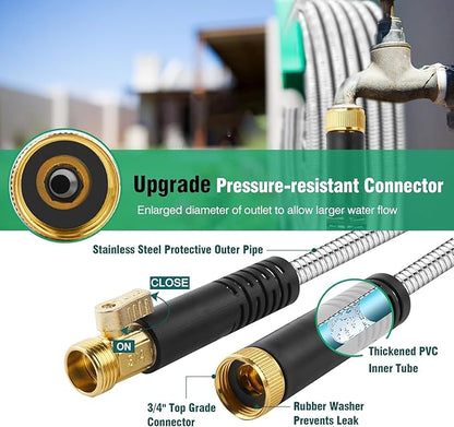75Ft Metal Garden Hose durable stainless steel Water Hose, flexible, lightweight hose is resistant to kinks and tangles.With 10-way nozzle, strong 34 metal fittings, and a Stop Valve.