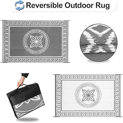 OutdoorLines Outdoor Reversible Rugs for Patio 4x6 ft - Plastic Area Rug, Stain  UV Resistant Portable RV Carpet, Plastic Straw Mats for Porch, Pool Deck and Camping QuatrefoilGray  White