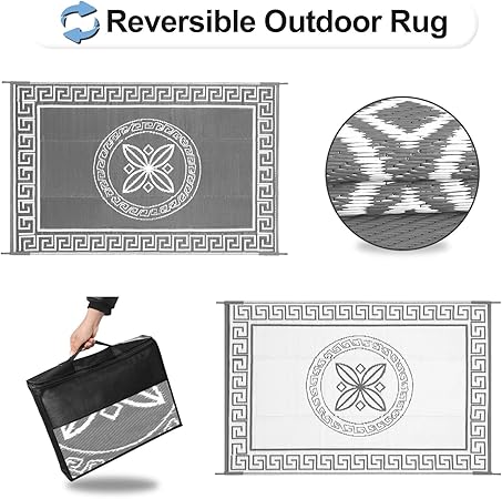 OutdoorLines Outdoor Reversible Rugs for Patio 4x6 ft - Plastic Area Rug, Stain  UV Resistant Portable RV Carpet, Plastic Straw Mats for Porch, Pool Deck and Camping QuatrefoilGray  White