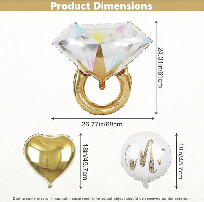 5Pcs Diamond Ring Wedding Balloons,White Mr Aluminum Foil Balloons Gold Heart Mylar Balloons for Wedding, Marriage Engagement, Bridal Shower Party Decorations