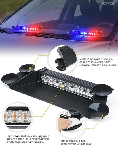 LUMENIX Aluminum emergency LED strobe lights, front visor for front windshield, traffic warning, split flashing light for police, patrol, vehicles, trucks,