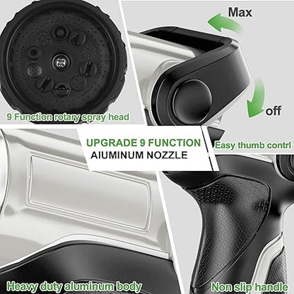 Garden Hose Nozzle with 9 Spray Patterns, Heavy Duty Aluminum Water Pipe Sprayer with Thumb Control On Off Valve for Easy Streams Control, Use for Outdoor