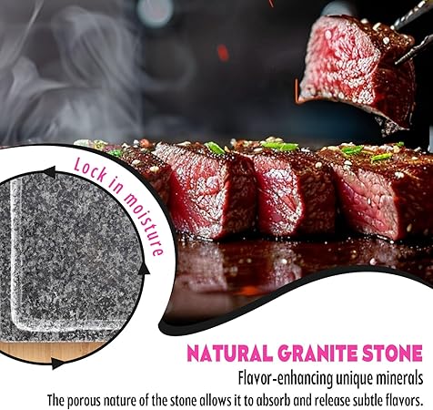 Artestia Cooking Stone for Steak with Double Granite Stones, Sizzling Steak Stone Cooking Set for BBQHibachiSteak Grill (2PCS Granite Stones  1PC Bamboo Tray)