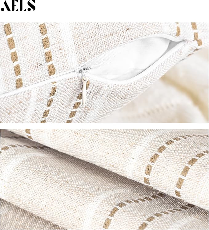 AELS 24x24 Decorative Farmhouse Linen Throw Pillow Covers, Boho Textured Pillow Case, Set of 2, Beige with White & Brown Stitch Yarn Dyed Stripe Cushion Cover for Sofa Couch Living Room (Cover ONLY)