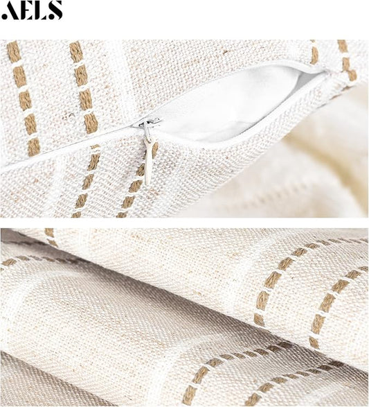 AELS 24x24 Decorative Farmhouse Linen Throw Pillow Covers, Boho Textured Pillow Case, Set of 2, Beige with White & Brown Stitch Yarn Dyed Stripe Cushion Cover for Sofa Couch Living Room (Cover ONLY)