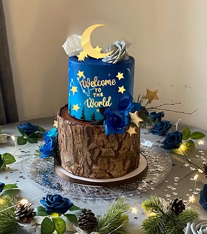 12PCS Moon Star Cake Toppers,Acrylic Mirror Gold"Welcome To The World"Baby Shower Cake Decorations for Over the Moon Baby Shower Wedding Birthday Party