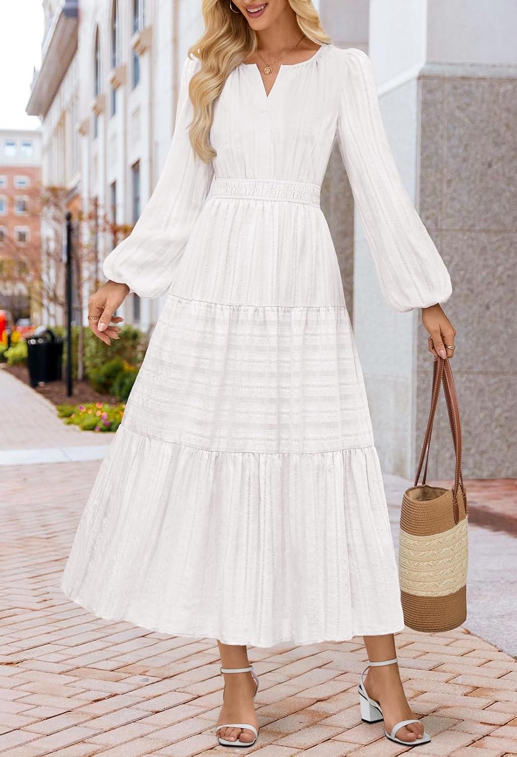 MEROKEETY Spring Summer Midi Dresses for Women 2026 Fall Casual Vacation Long Sleeve V Neck Tiered Cotton Maxi Dress Pockets