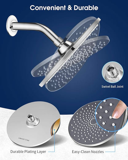Large Shower Head VMASSTONE 9In High Pressure Showerhead - Tool Free Installation- with Large Spray Surfaces and 200 Nozzles for Delicate and Unstimulate Shower Experience (EM-001 ChromeDark Grey)